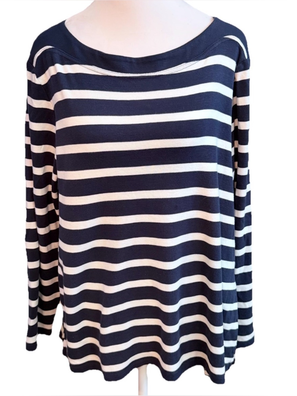 CHICO’S Navy Blue + White Striped Nautical 100% Pima Cotton Long Sleeve Top XL